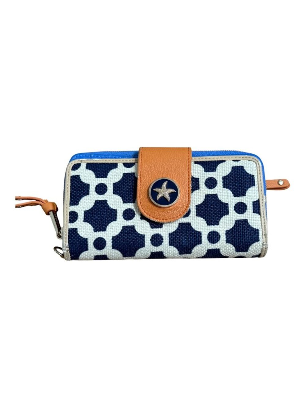 Spartina 449 May River Wallet Starfish Linen Leather Tan Navy White Snap Zip Aro